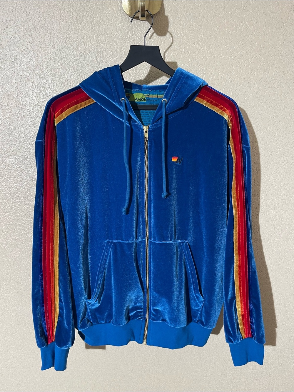 Aviator Nation Blue Velour Zip Hoodie with Red & Gold Shoulder Stripes